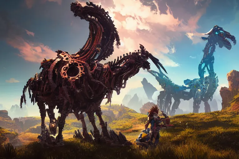 Image similar to grimhorn fanghorn machine mecanical creature robot of horizon forbidden west horizon zero dawn bioluminiscence global illumination ray tracing hdr fanart arstation by ian pesty and alena aenami artworks in 4 k