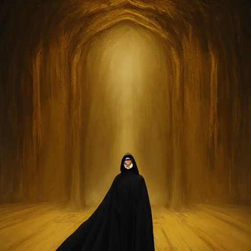 Image similar to a portrait of a young woman wearing a long dark cloak, hood and shadows covering face, holding golden chains, oil painting, matte painting, black background, Volumetric Golden dappled dynamic lighting, Highly Detailed, Cinematic Lighting, Unreal Engine, 8k, HD, by Beksinski