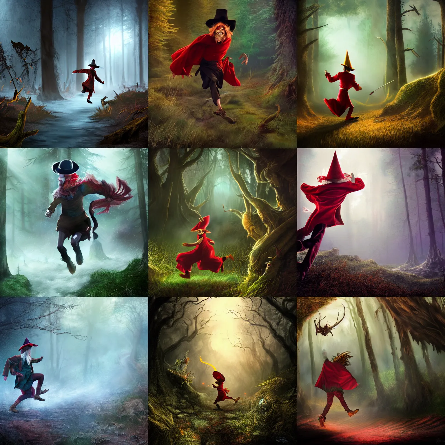 Prompt: Rincewind runs away frantically from a creaure in the Forbidden Forest detailed, hyperrealistic, colorful, cinematic lighting, digital art, trending on DeviantArt