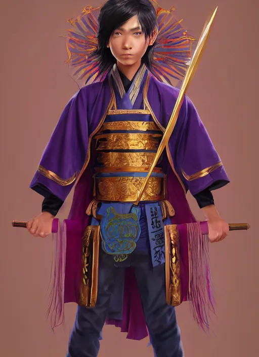 Image similar to An epic fantasy portrait painting of teenager boy with straight indigo hair, purple eyes with red eye markers, slim body, wearing a detailed Japanese kimono with golden armor pieces, holding japanese fan. Unreal 5, 8k, DAZ, hyperrealistic, octane render, studio Ufotable, Demon Slayer artstyle, cosplay, RPG portrait, dynamic lighting