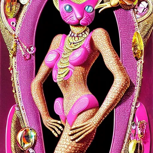 Image similar to a woman with a pink panther in her arms, wearing strong jewerly and crystals, surreal, art by peter lloyd, 1 9 8 0's art, airbrush style, art by hajime sorayama,, intricate, elegant, sharp focus, illustration, highly detailed, h 8 0 0