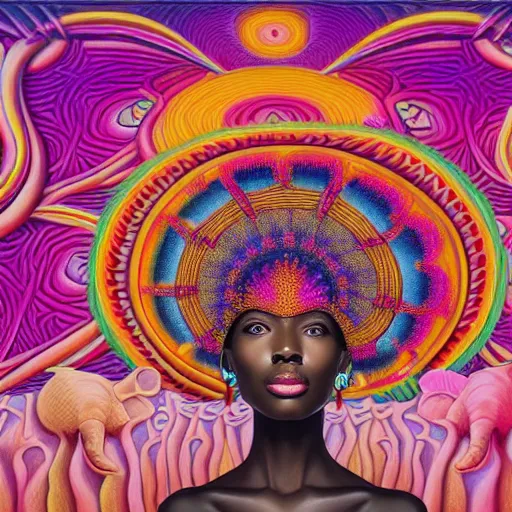 Image similar to a regal and elegant african queen with a colorful afro sitting in a cabana on top of an extremely large steampunk elephant near a pink lake with a large glowing baobab tree, by amanda sage and alex grey and evgeni gordiets in a surreal psychedelic style, oil on canvas 8k, hd