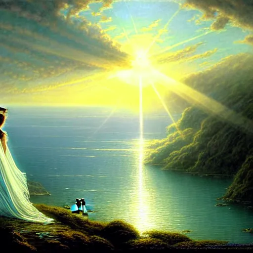 Image similar to an elegant fairy queen in a blue lace dress dancing looking out at a lord of the rings scenery landscape, staring across the sea at a white timber sail boat, sunrise, god's rays highly detailed, vivid colour, soft clouds, floral sunset, cinematic lighting, perfect composition, gustave dore, derek zabrocki, greg rutkowski, belsinski