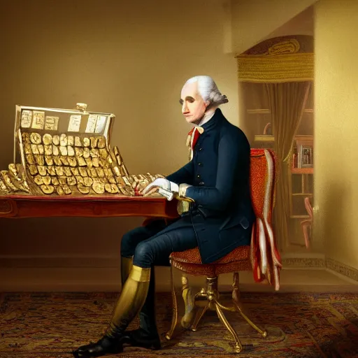 Image similar to a closeup photorealistic photograph of a happy George Washington inspecting small gold Doubloon coins at his home on Cherry Street. This 4K HD image is Trending on Artstation, featured on Behance, well-rendered, extra crisp, features intricate detail and the style of Unreal Engine.