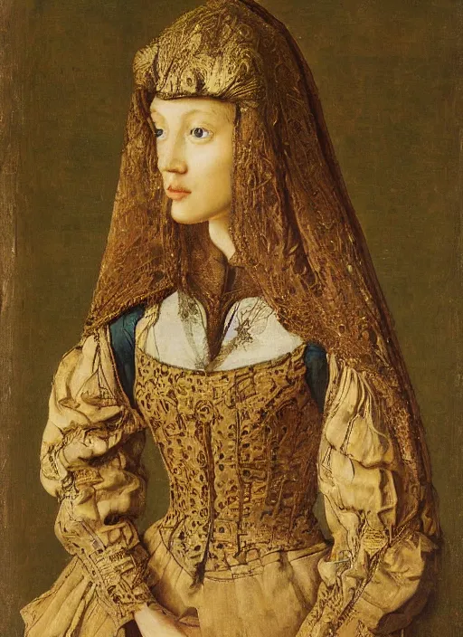 Image similar to half - length portrait of young woman in medieval dress, art by jan van eyck,