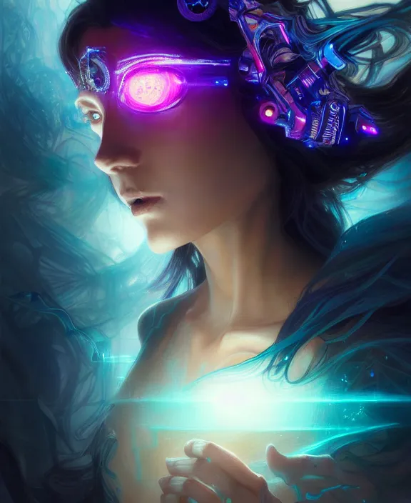 Image similar to a whirlwind of souls rushing inside the metaverse, half body, glowin eyes, tiara with sapphire, pharaoh, android, cyberpunk, d & d, fantasy, intricate, elegant, highly detailed, colorful, vivid color, digital painting, artstation, concept art, art by artgerm and greg rutkowski and alphonse mucha and ruan jia