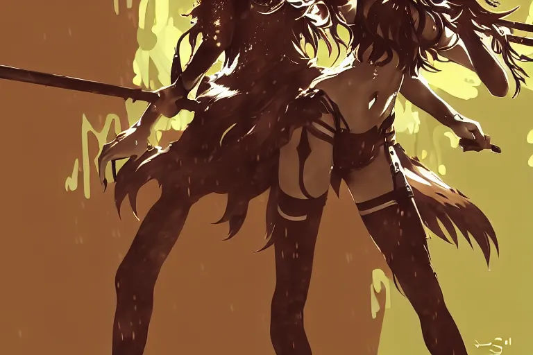 Image similar to an anthropomorphic maned wolf girl having standing in the muddy rain, laughing with a spear in her hands. league of legends splash art by yoji shinkawa