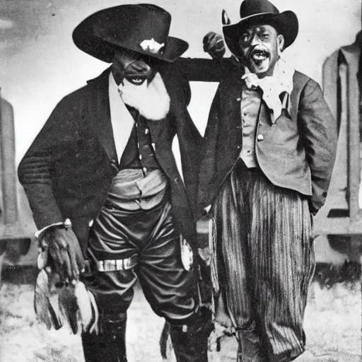 Image similar to king von laugh with fbg dug ( circa 1 9 0 1 ) in cowboy suit, theyre used red and blue bandana