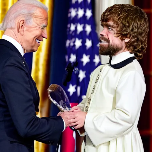 Image similar to “White House Press photo of Joe Biden awarding Peter Dinklage as Tyrion Lannister the presidential medal of freedom”