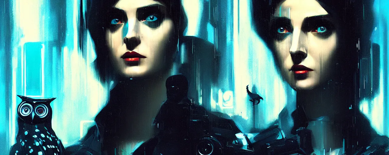 Image similar to duotone tech noir concept illustration 3 / 4 portrait of rachael female replicant blade runner with owl in the background. cinematic volumentric lighting space. golden ratio accidental renaissance. by sachin teng and sergey kolesov and ruan jia and heng z. graffiti art, scifi, fantasy, hyper detailed. octane render. concept art. trending on artstation