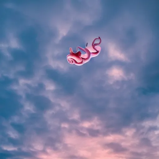 Prompt: colossal octopus flying over a cloudy pink sky, award winning,