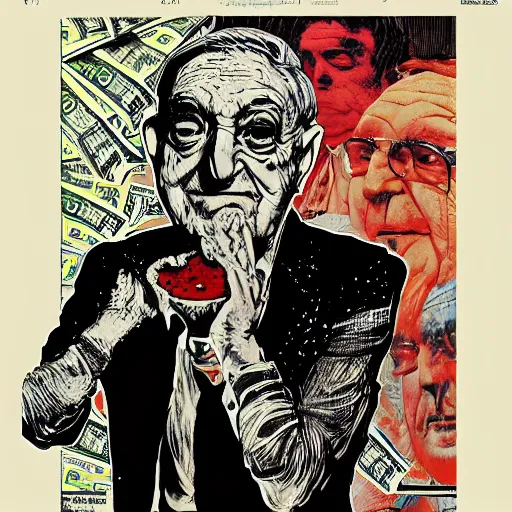 Image similar to George Soros full body shot, dollar bills Body horror, biopunk, by Ralph Steadman, Francis Bacon, Hunter S Thompson