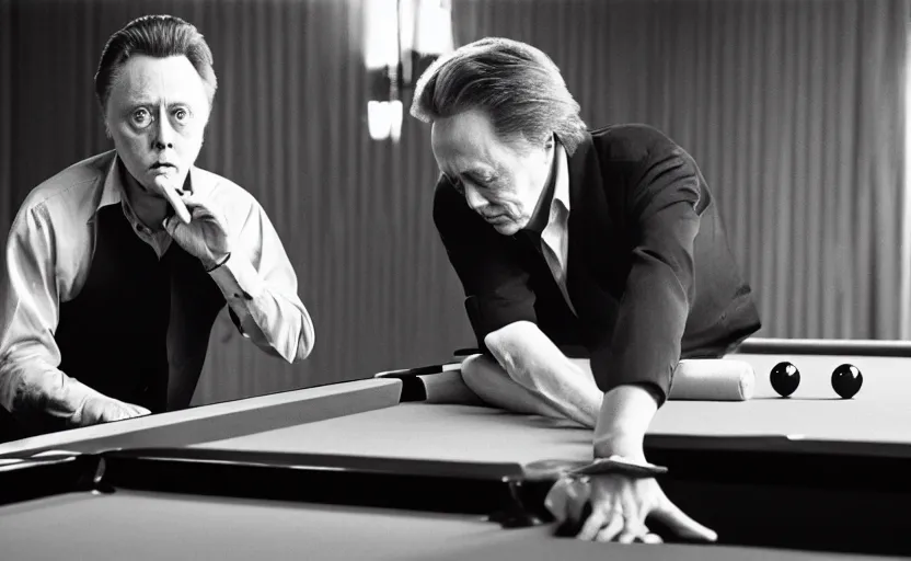 Image similar to Christopher Walken playing billiards and smoking a cigarette in the style of Annie Leibovitz, medium format digital camera, full color, soft lighting, dark, moody, shallow depth of field, highly detailed, photorealistic,