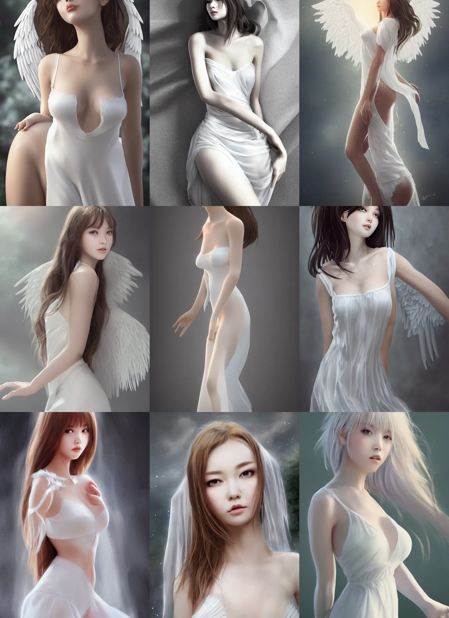 Prompt: detailed full body portrait of innocent angel, 3 d art, sheer white dress, beautiful, pretty face, white eyes, curvaceous, dream aesthetic, 4 k, sun yunjoo, ultra realistic, aura of light, cinematic lighting, highly detailed, sharp focus, artstation, masterpiece, art by hyungjin yang