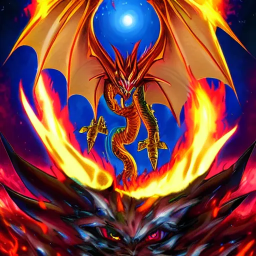 Image similar to large dragon, end boss, fire, , yugioh style