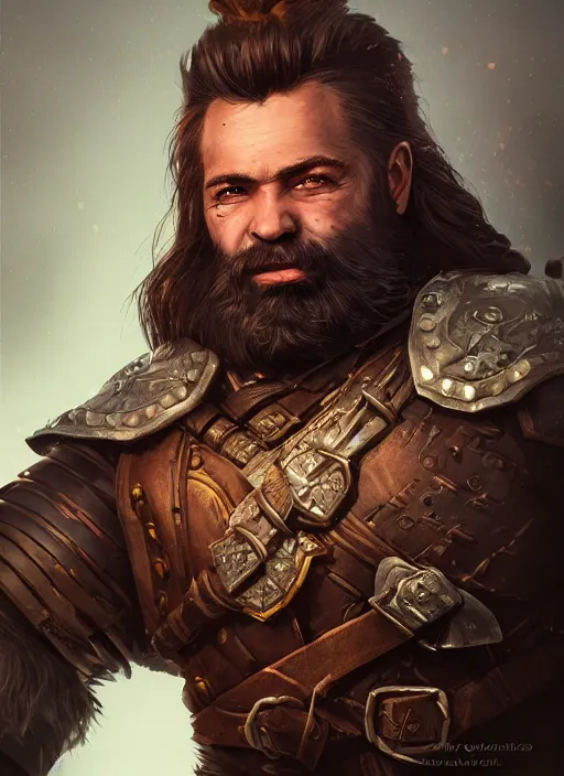 Prompt: A fantasy comic book style portrait painting of a male dwarf ranger in leather armor, unreal 5, DAZ, hyperrealistic, octane render, cosplay, RPG portrait, dynamic lighting