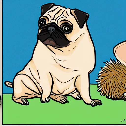 Image similar to a pug dreaming about a well designed hedgehog toy, in the style of a comic book,