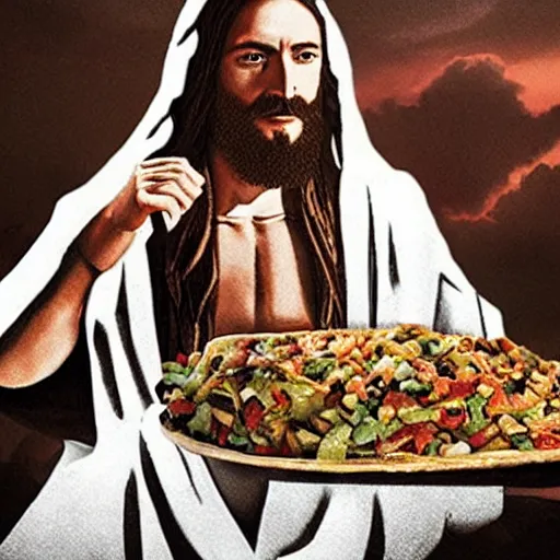 Image similar to jesus nailed to a chipotle advertisement