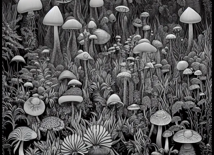 Prompt: surreal line art by naranbaatar ganbold!, a lot of jungle flowers and exotic plants + toxic mushrooms + long grass + mystic fog, 5 0's vintage sci - fi style, rule of third!!!!, line art, 8 k, ultrafine hyperdetailed, generative art, matte drawing, anaglyph filter, top view