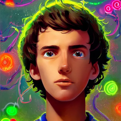 Image similar to a skinny young man with brown hair and glowing green eyes as a super hero, pixar cute, highly detailed, sharp focus, neon color, digital painting, floating particles, excitement, artwork by Jeremiah Ketner + Mati Klarwein + Fintan Magee + Chris Mars, background artwork by greg rutkowski