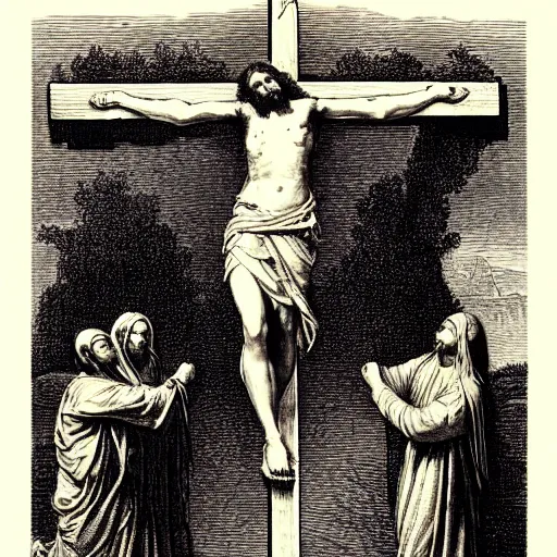 Prompt: jesus as a mommy crucified, engraving, by gustave dore