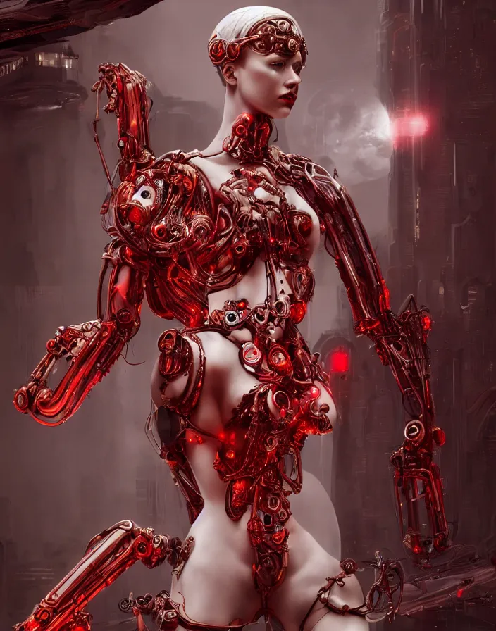 Prompt: portrait, antique marble statue venus, super hero pose, red biomechanical dress, inflateble shapes, wearing epic bionic cyborg implants, masterpiece, intricate, biopunk futuristic wardrobe, highly detailed, art by akira, mike mignola, artstation, concept art, background galaxy, cyberpunk, octane render