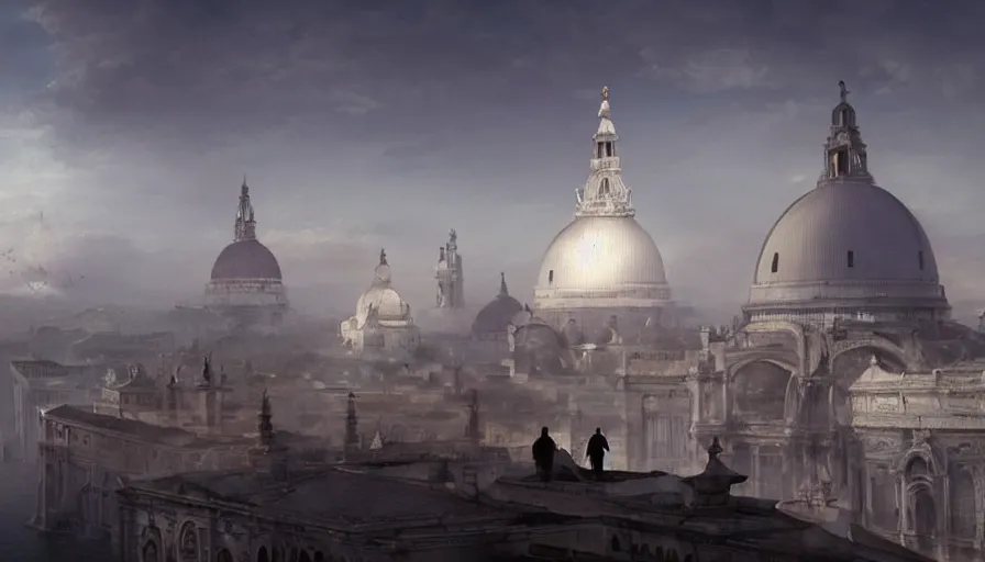 Prompt: silhouette of a man wearing white robe overlooking a giant alien ufo high tech spaceship eerily hovering on italy venice city landscape with beautiful temples by greg rutkowski, artgerm, ross tran, magali villeneuve, intricate, time travel theme, audince in awe, spectacle, audience sorrounding, award winning, octane render, masterpiece, 8 k, beautiful