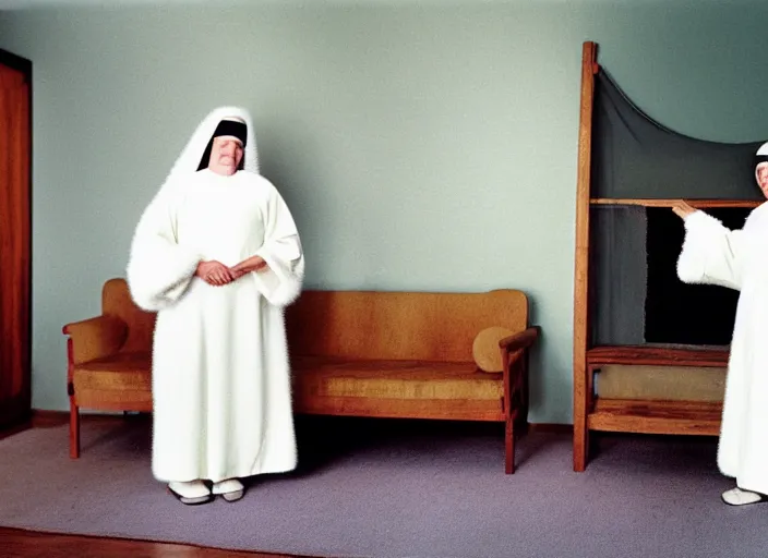 Prompt: realistic photo of a two medieval female nuns scientists wearing white cotton robes, doing an experiment with a fluffy furry fur cloud, living room interior is made of wood 1 9 9 0, life magazine reportage photo, natural colors