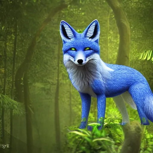 Image similar to A blue Fox in a lush forest, 8k, raytracing, hyper realistic, high detail,