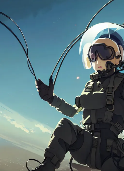 Image similar to portrait of pilot girl parachuting behind enemy lines, black sky background, chaotic landscape, illustration concept art anime key visual trending pixiv fanbox by wlop and greg rutkowski and makoto shinkai and studio ghibli and kyoto animation, kaki body suit, wires, halo, short body, oxygen mask and helmet, military gear, grimdark, volumetric lighting