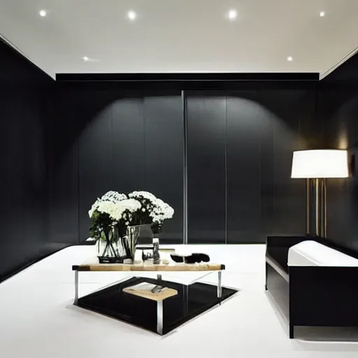 Prompt: “extravagant luxury apartment interior design, in Sydney, by Tadao Ando and Koichi Takada, art, black walls”