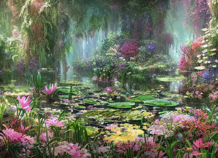 Image similar to An overgrown room, flooded with crystal clear water, overgrown with lily pads, lush bushes and colorful flowers, digital art, trending on Artstation, immaculate scale, amazing composition, detailed painting