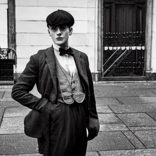 Image similar to photo of a british young man wearing peaky blinders outfits,
