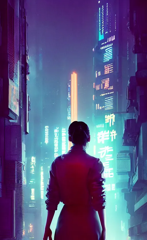 Prompt: vertical movie frame portrait of girl in blade runner 2 0 4 9 bedroom interior, neon - decorated urban on night in the city seen through the window, cyberpunk interior design, architectural design, vintage, night blade runner, dark, postapocalyptic, clean lines, 4 k, octane, asian futuristic city at distance, big windows, octane, wide angle