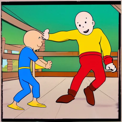 Prompt: curious george punching caillou.