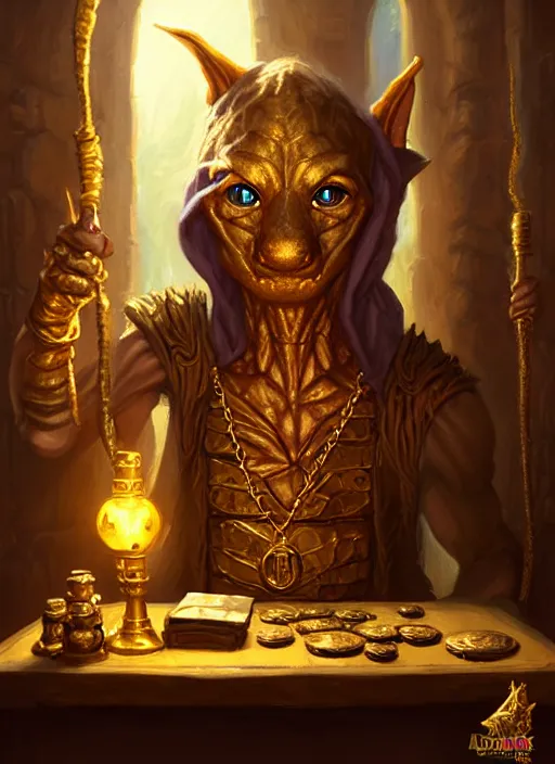 Prompt: a _ fantasy _ style _ portrait _ painting _ of a humanoid gold kobold male in wizard robes selling wares in his shop, oil _ painting _ unreal _ 5 _ daz. _ rpg _ portrait _ extremely _ detailed _ artgerm _ greg _ rutkowski _ greg