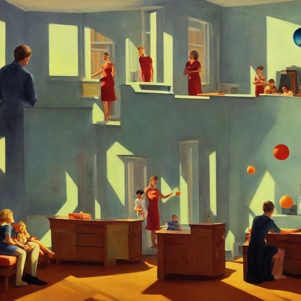 Image similar to painting of a family building getting lectured by a very large alien in their suburban living room, energetic orbs in the air, in the style of edward hopper