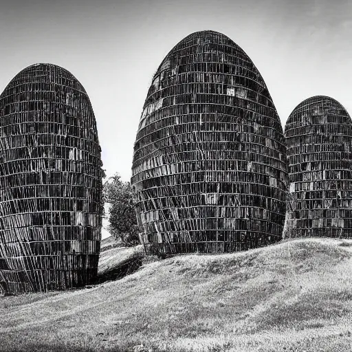 Prompt: old photograph from a strange alien city, organic buildings, black and white