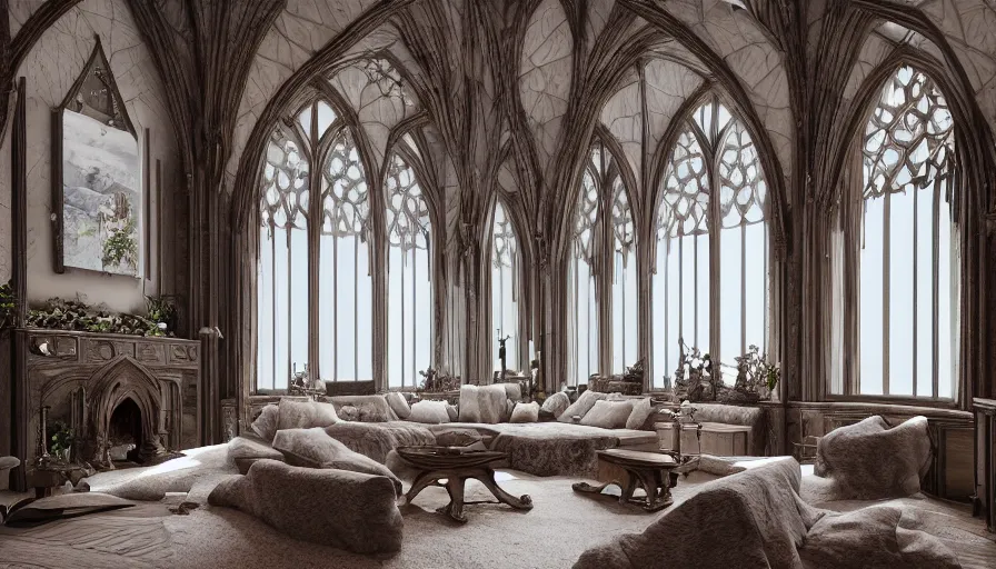 Image similar to Interior of a beautiful living room of a Neo-Gothic manor built in the snow-caped mountains, hyperdetailed, artstation, cgsociety, 8k