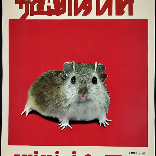 Prompt: a soviet union propaganda poster of a roborovski hamster in a winter hat, detailed, smooth, old, crinkled, red and white colors