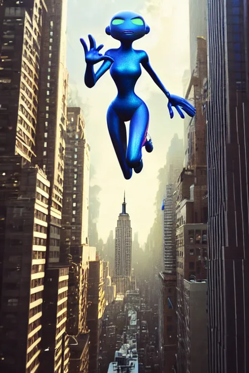 Prompt: pixar alien flying above new york city | glamorous oily soft polished rich ornate modern | weta disney pixar movie still photo | hi - fructose, sci fi fantasy, smooth, octane render, sharp focus, artstation, concept art | artgerm, mucha, rutkowski, feng zhu, wlop, loish