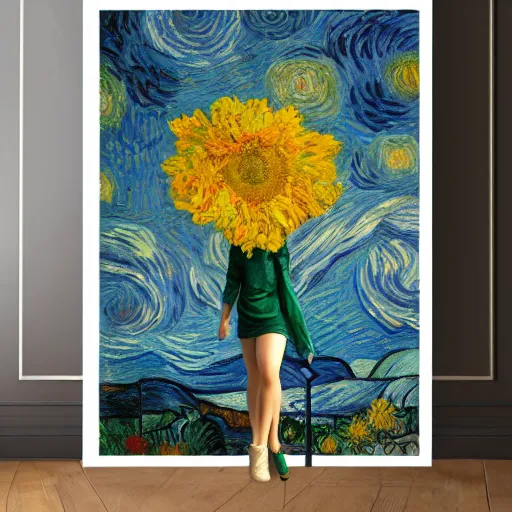 Image similar to giant flower head, woman in a luxury apartment, surreal, dramatic light, impressionist painting, digital painting, artstation, van gogh