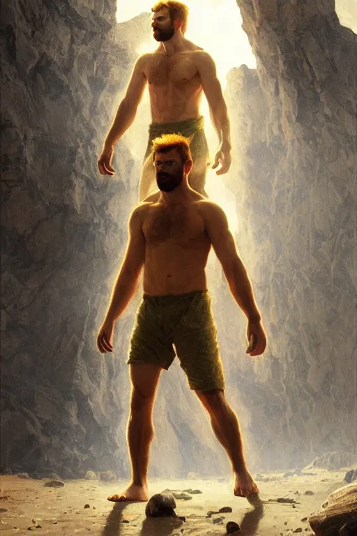 Image similar to chris evans cave man clothes fighting in the sun, yellow lighting ultra realistic photorealistic highly detailed high quality, a stunningly, digital painting, artstation, concept art, smooth, sharp focus, illustration, art by artgerm and greg rutkowski and alphonse mucha 8 k