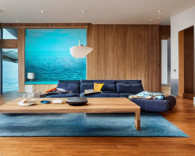 Image similar to A modern living room inspired by the ocean, a luxurious wooden coffee table with large seashells on it, amazing detail, 8k resolution, blue color, calm, relaxed style, harmony, wide angle shot