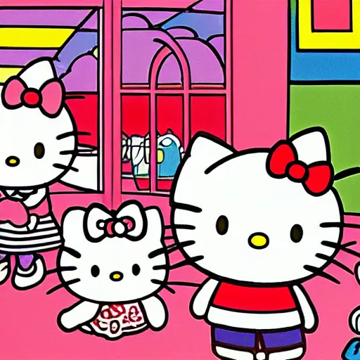 Prompt: painting of hello kitty and kuromi and hello kitty friends playing outside on a sunny day, by yoko shimizu, by sanrio