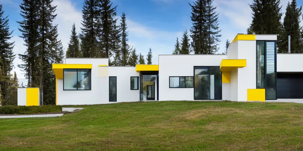 Prompt: large modern residence, white concrete, large windows, blue pipes, yellow metal, triangular features, Washington State