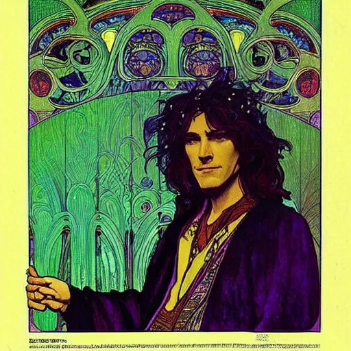 Prompt: “colorfull artwork by Franklin Booth and Alphonse Mucha and Moebius showing a portrait of Young Robert Plant”