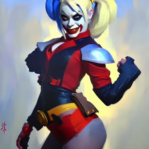 Image similar to Greg Manchess portrait painting of Harley Quinn as Overwatch character, medium shot, asymmetrical, profile picture, Organic Painting, sunny day, Matte Painting, bold shapes, hard edges, street art, trending on artstation, by Huang Guangjian and Gil Elvgren and Sachin Teng