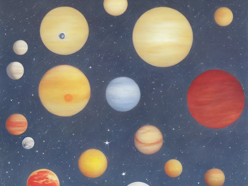 Image similar to A beautiful painting of five planets by Gioele Muscolino and, There are only five planets that are black, white, yellow, red, and blue, behind the galaxy and the universe, Trending on artstation, starry sky