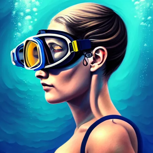 Image similar to a profile photo of a diver with diving helmet with tattoos on arm and neck, side profile in underwater, highly detailed, digital painting, artstation, sharp focus, illustration by Sandra Chevrier